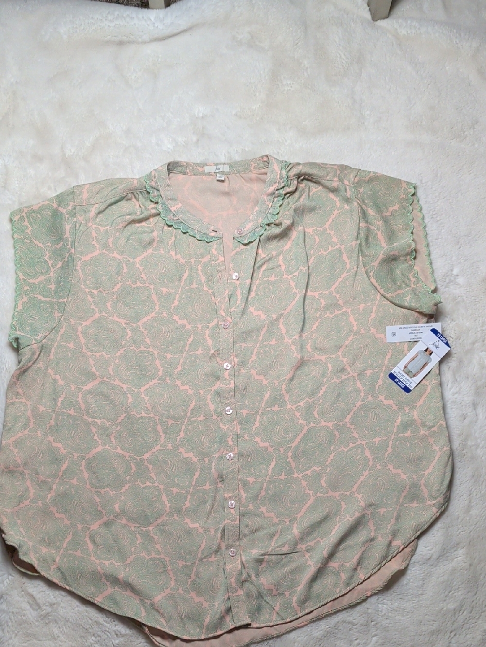 Joie Light Pink & Mint Short Sleeve Button Front Top
